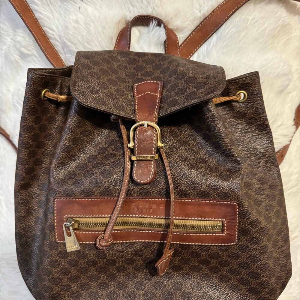 Celine Brown & Tan Monogram Leather Drawstring Backpack